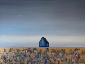 In Golden Fields Blue Barn Crescent Moon