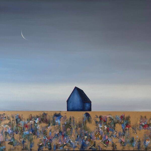 In Golden Fields Blue Barn Crescent Moon