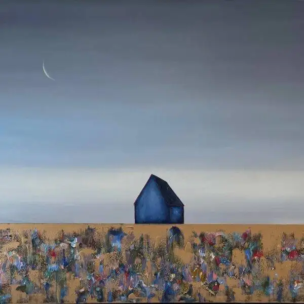 In Golden Fields Blue Barn Crescent Moon by  Marketa Sivek