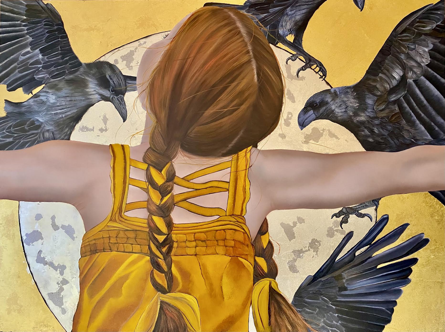 Girl in yellow with crows flying