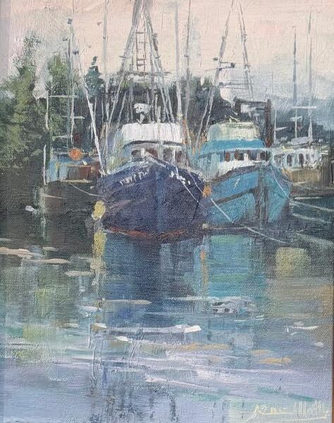 Boat Reflections, Ucluelet Harbor by Jane Wallis — Oil on Canvas — JG Art Gallery